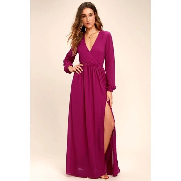 Lulu's Wonderous Water Lilies Magenta Pink Long Sleeve Maxi Dress XS - Picture 1 of 8